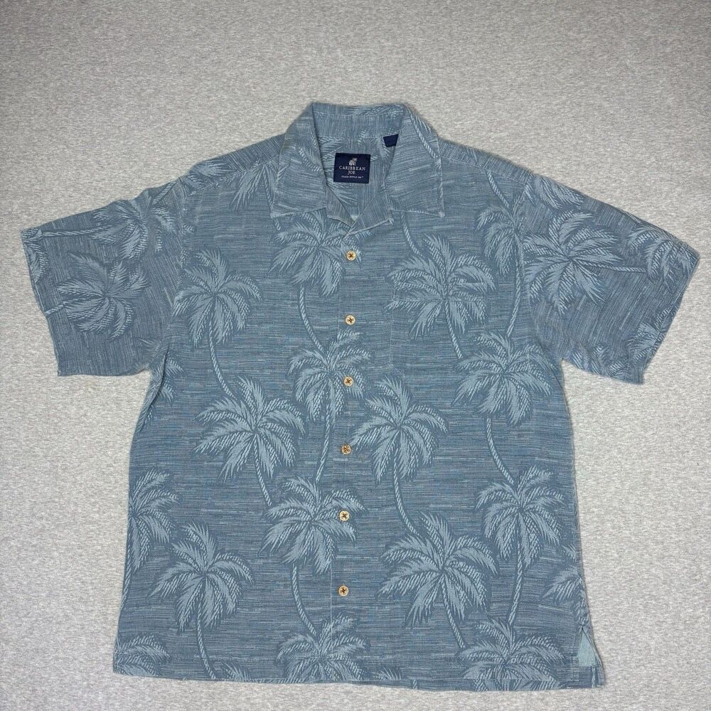 Caribbean Joe 100% Silk Hawaiian Shirt Mens M Blue Palm Tree Aloha Camp